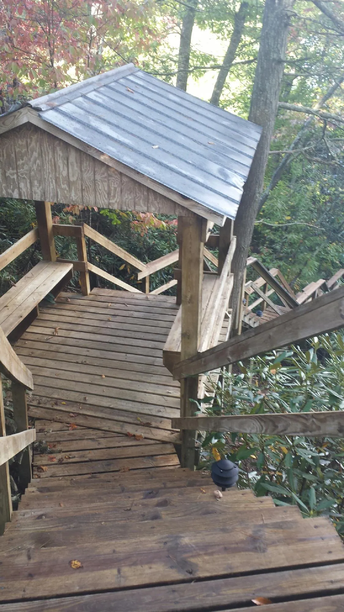 Metal roofed shelter over wooden steps on a wooded walkway — Skylight Repair & Installation work by our crew in Drury